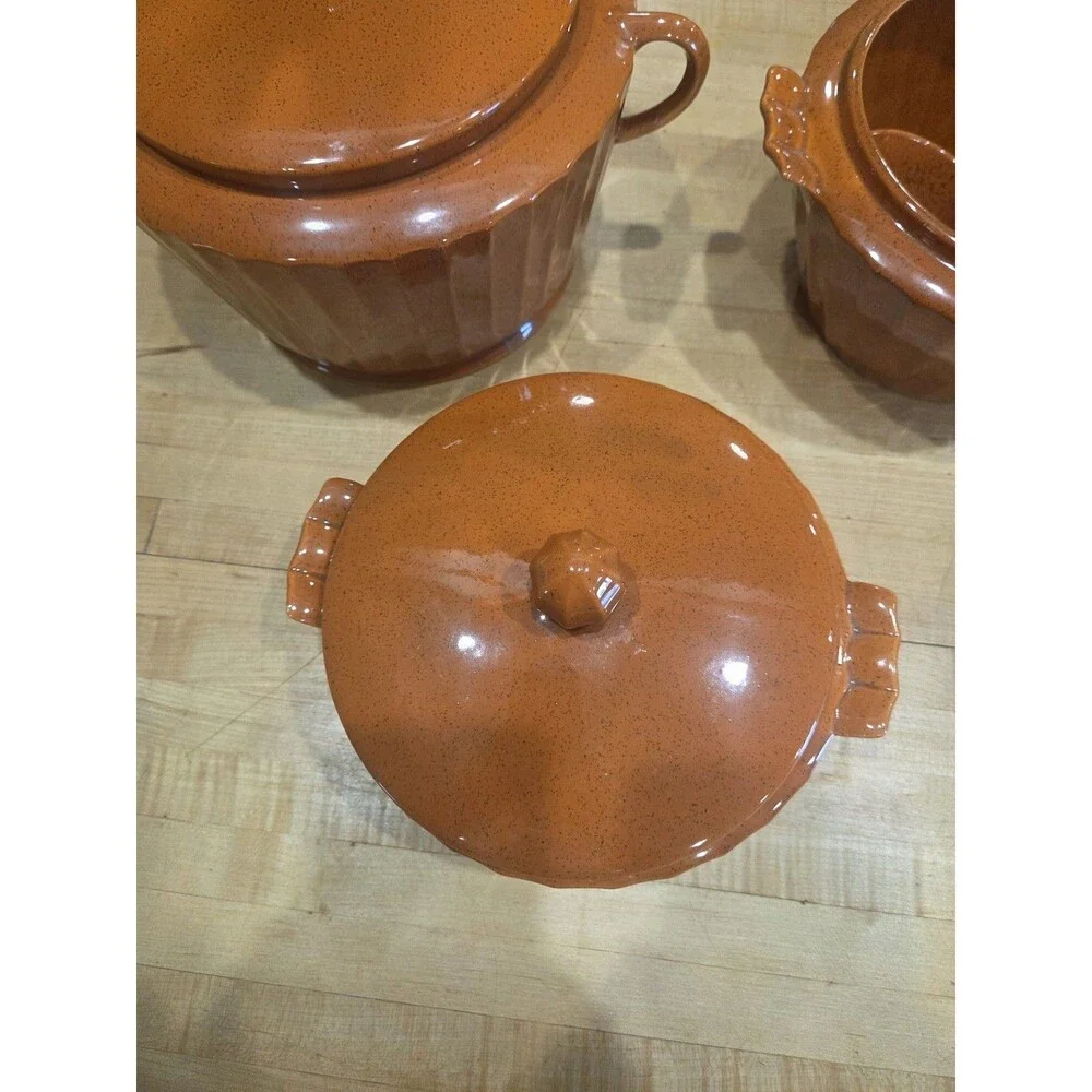 Vintage NS Gustin Los Angeles Pottery Speckled Brown Casserole Tureen Set 3Pc
